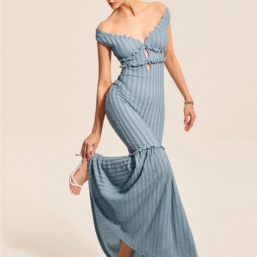 Commense Dusty Blue Off-Shoulder Knit Maxi Dress